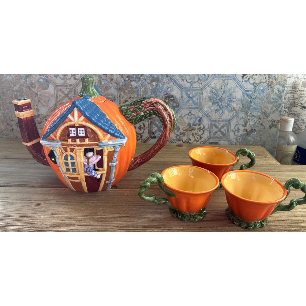 Department 56 Pumpkin Cottage Teapot and 3 Teacup Set Ceramic Fall Decor